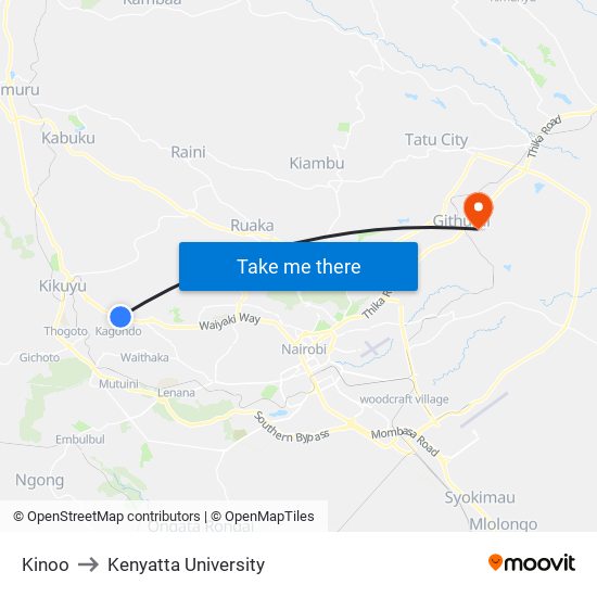 Kinoo to Kenyatta University map