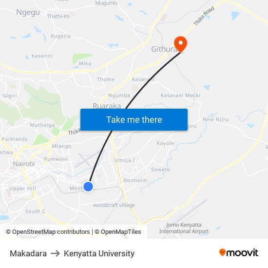 Makadara to Kenyatta University map