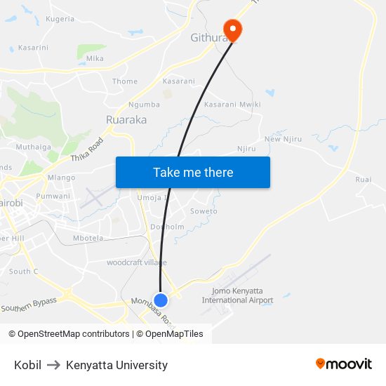 Kobil to Kenyatta University map