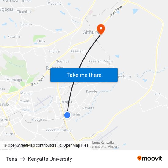 Tena to Kenyatta University map