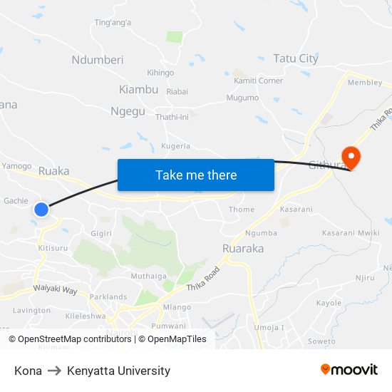 Kona to Kenyatta University map