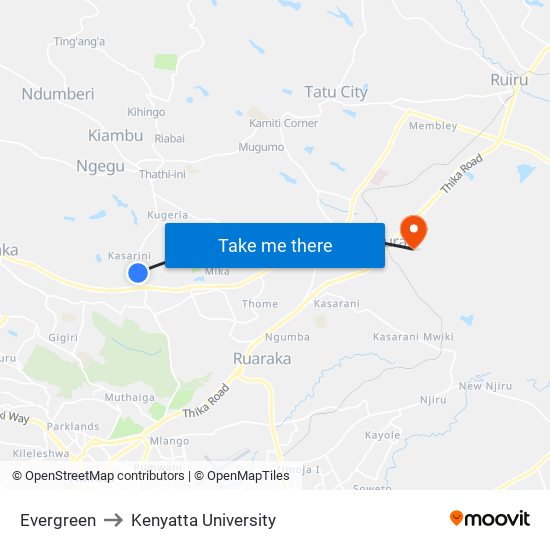 Evergreen to Kenyatta University map