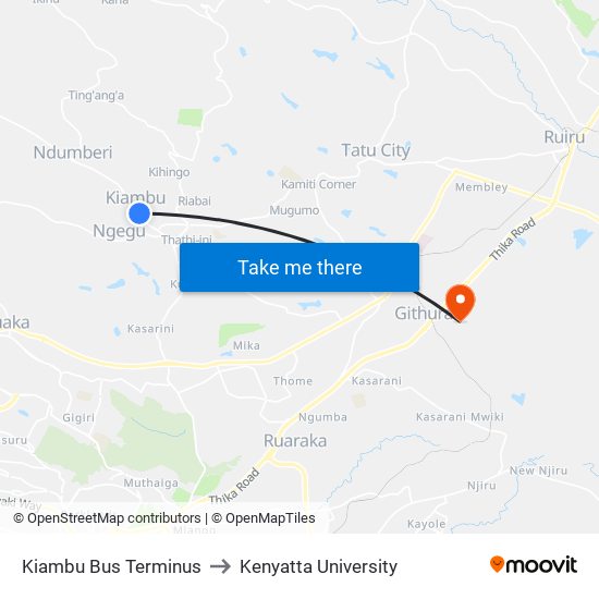 Kiambu Bus Terminus to Kenyatta University map