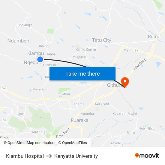 Kiambu Hospital to Kenyatta University map