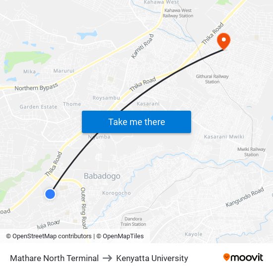 Mathare North Terminal to Kenyatta University map