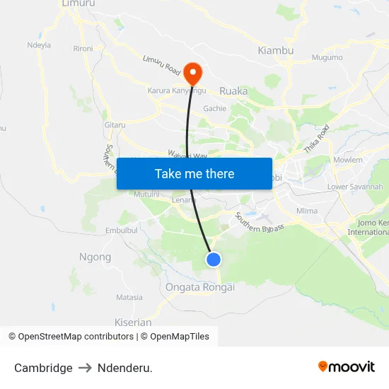 Cambridge to Ndenderu. map