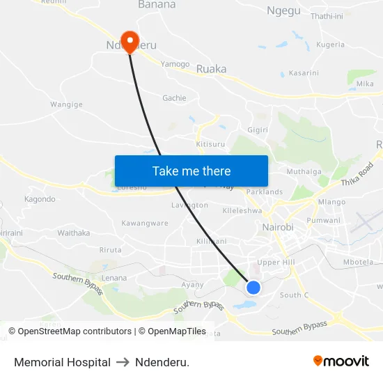 Memorial Hospital to Ndenderu. map