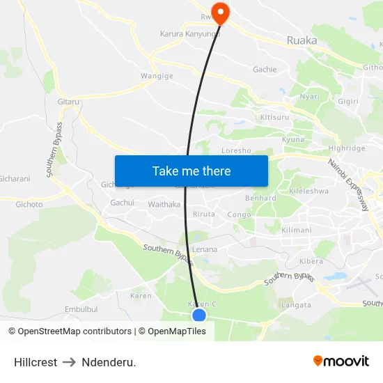 Hillcrest to Ndenderu. map
