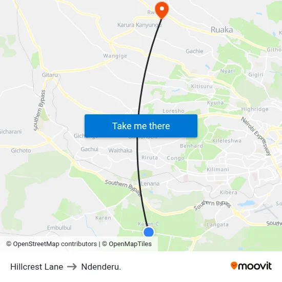 Hillcrest Lane to Ndenderu. map