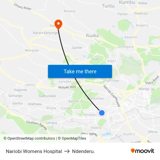 Nariobi Womens Hospital to Ndenderu. map