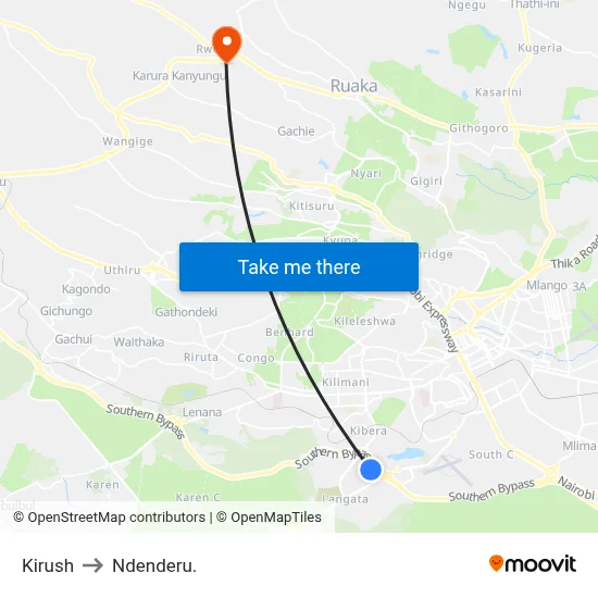 Kirush to Ndenderu. map