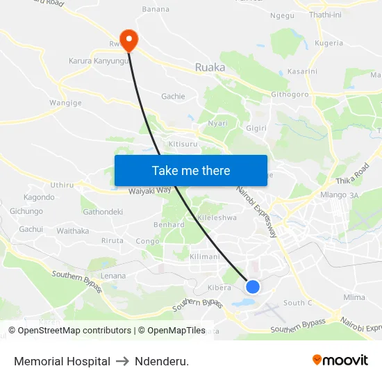 Memorial Hospital to Ndenderu. map