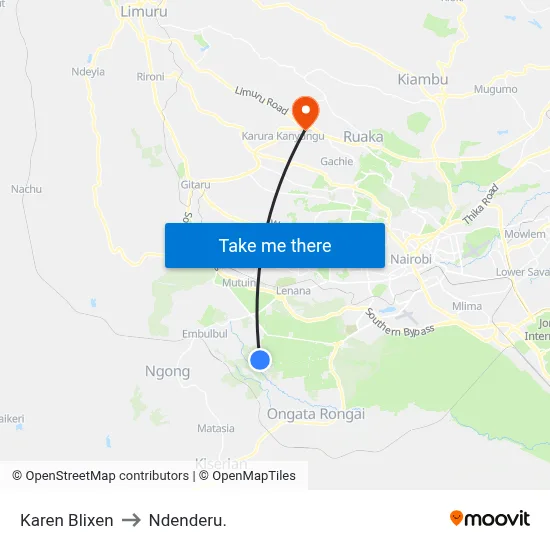 Karen Blixen to Ndenderu. map