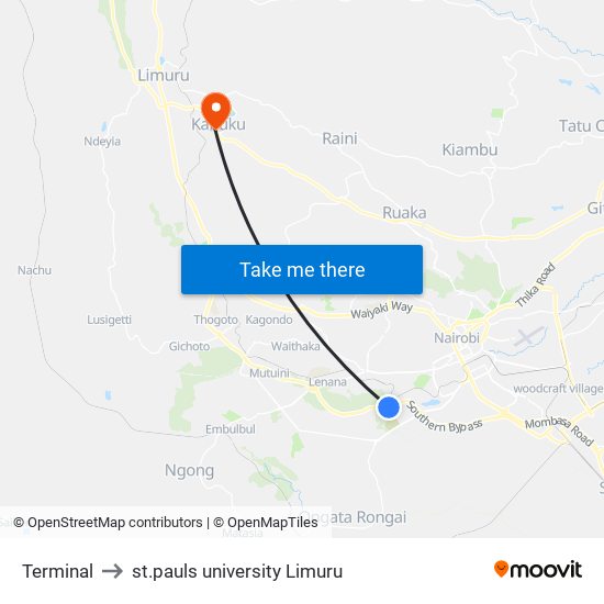 Terminal to st.pauls university Limuru map