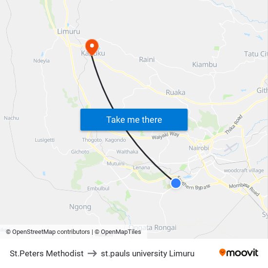 St.Peters Methodist to st.pauls university Limuru map