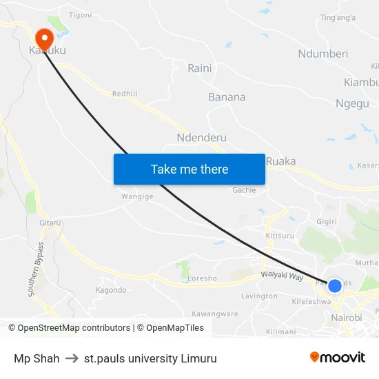 Mp Shah to st.pauls university Limuru map