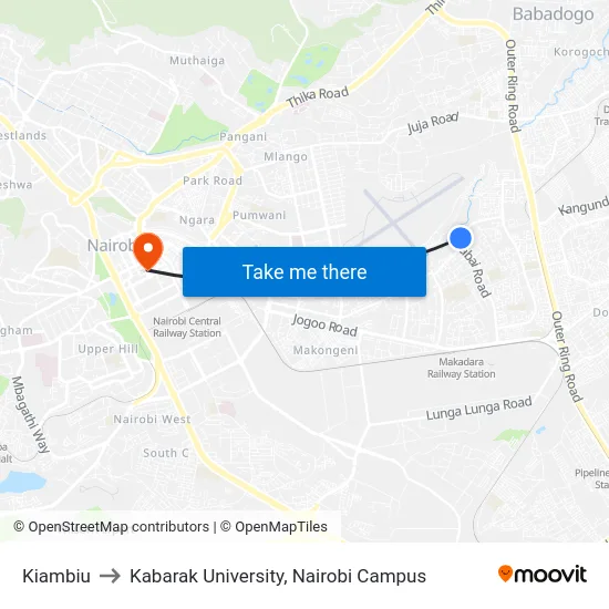 Kiambiu to Kabarak University, Nairobi Campus map