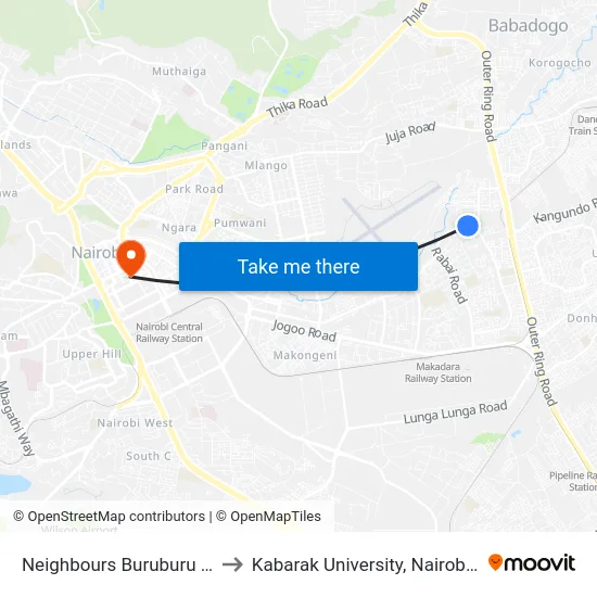 Neighbours Buruburu Phase 1 to Kabarak University, Nairobi Campus map
