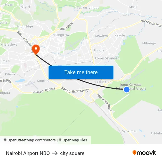 Nairobi Airport NBO to city square map