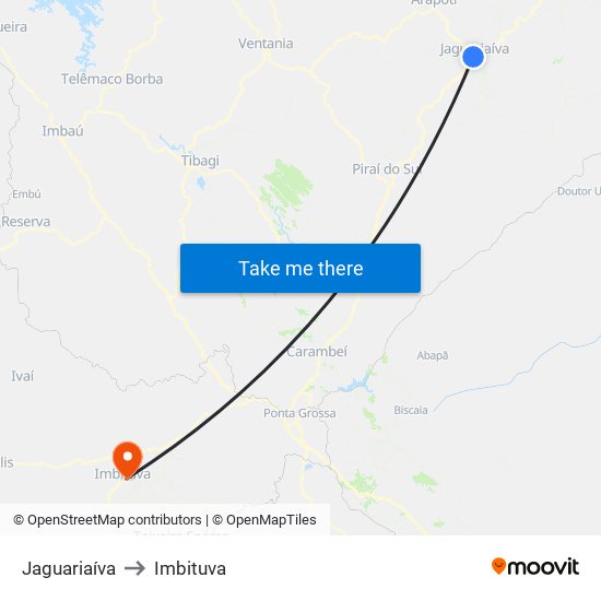 Jaguariaíva to Imbituva map