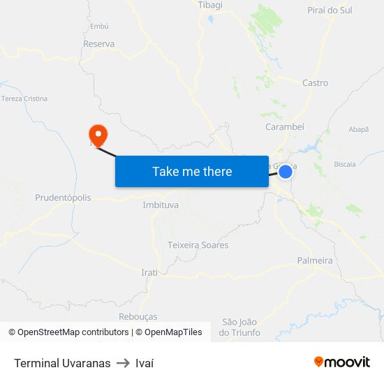Terminal Uvaranas to Ivaí map
