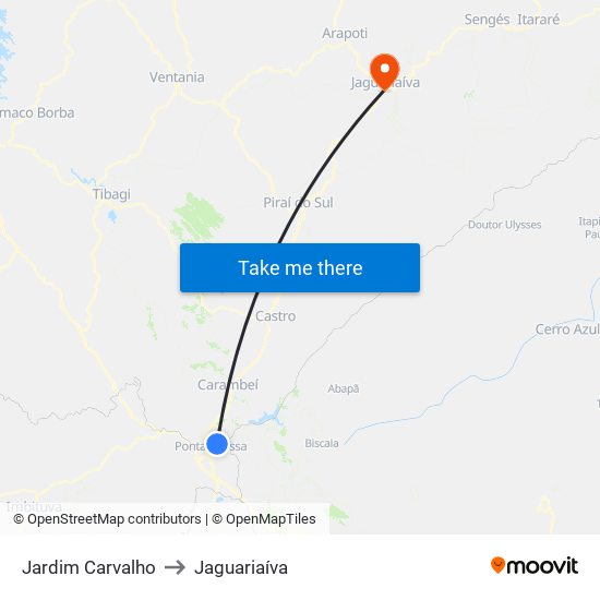 Jardim Carvalho to Jaguariaíva map