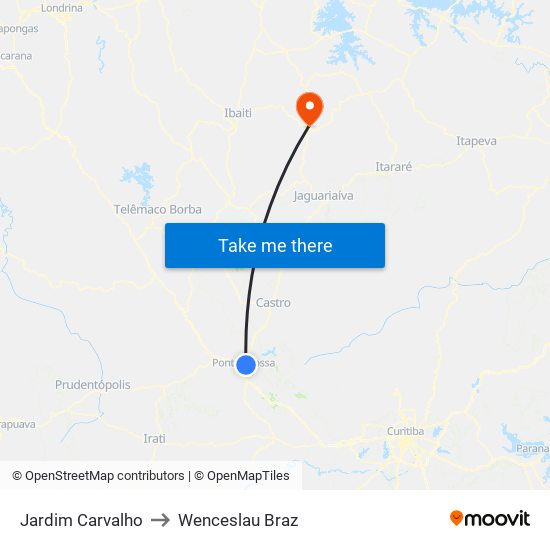Jardim Carvalho to Wenceslau Braz map