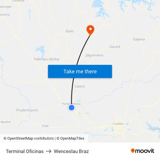 Terminal Oficinas to Wenceslau Braz map