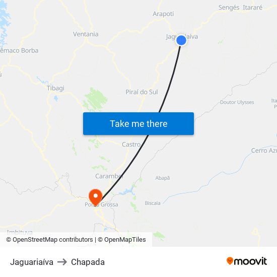 Jaguariaíva to Chapada map