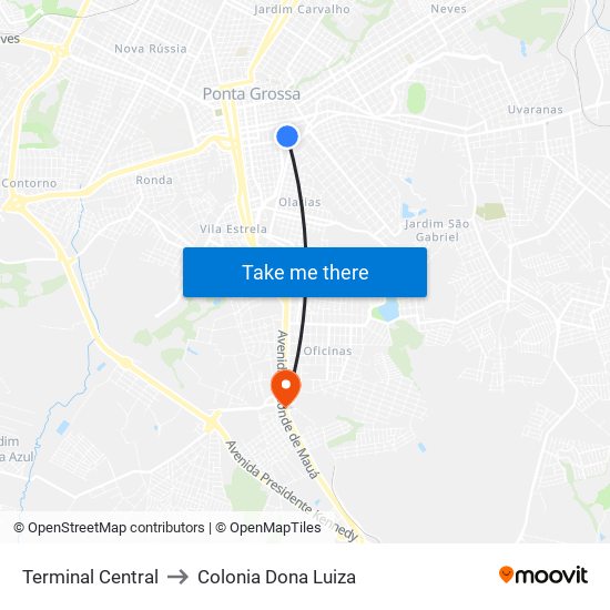 Terminal Central to Colonia Dona Luiza map