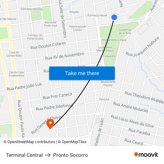 Terminal Central to Pronto Socorro map