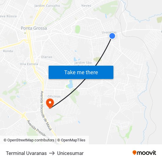 Terminal Uvaranas to Unicesumar map