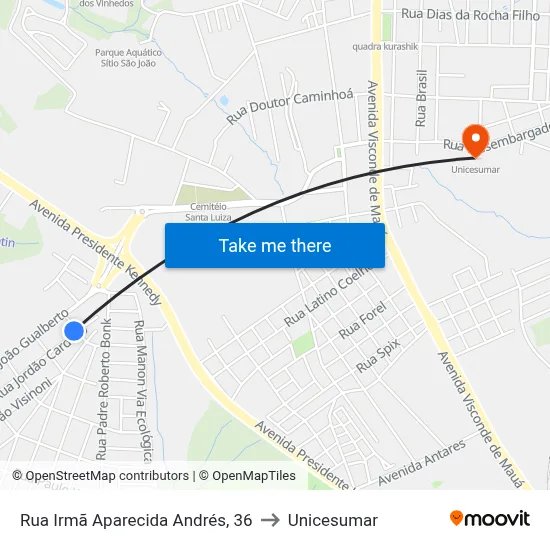 Rua Irmã Aparecida Andrés, 36 to Unicesumar map