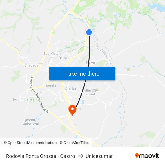 Rodovia Ponta Grossa - Castro to Unicesumar map