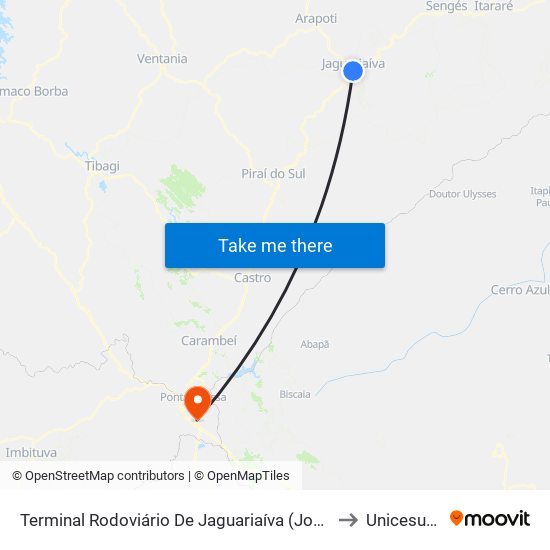 Terminal Rodoviário De Jaguariaíva (João Pessa) to Unicesumar map
