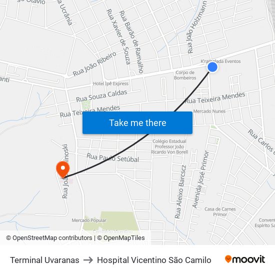 Terminal Uvaranas to Hospital Vicentino São Camilo map