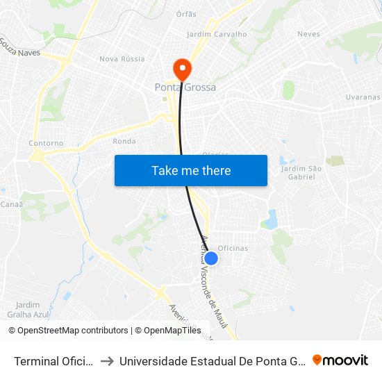 Terminal Oficinas to Universidade Estadual De Ponta Grossa map