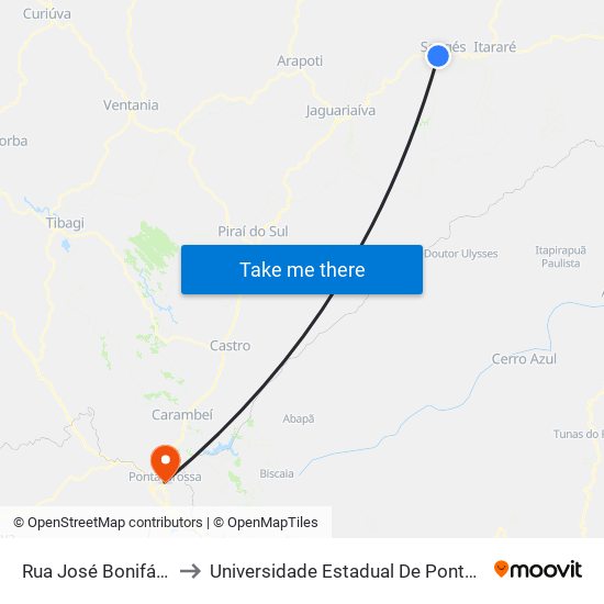 Rua José Bonifácio, 2 to Universidade Estadual De Ponta Grossa map