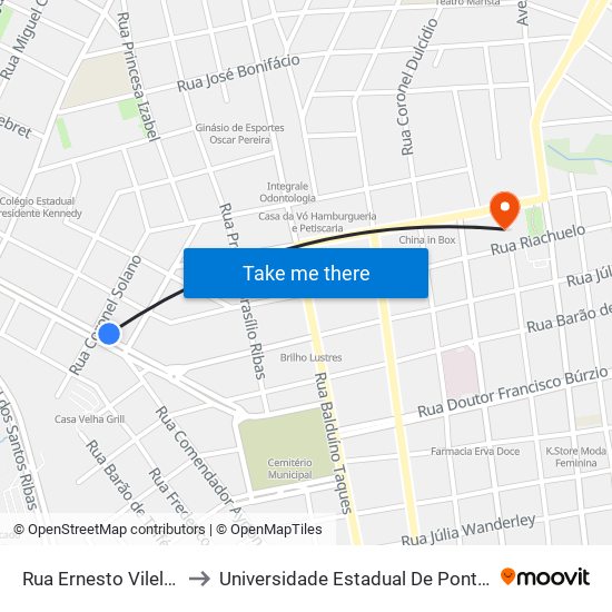 Rua Ernesto Vilela, 328 to Universidade Estadual De Ponta Grossa map