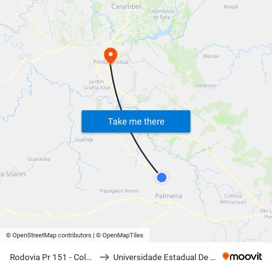 Rodovia Pr 151 - Colônia Benfica to Universidade Estadual De Ponta Grossa map