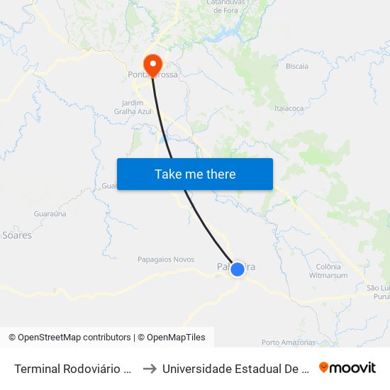 Terminal Rodoviário De Palmeira to Universidade Estadual De Ponta Grossa map