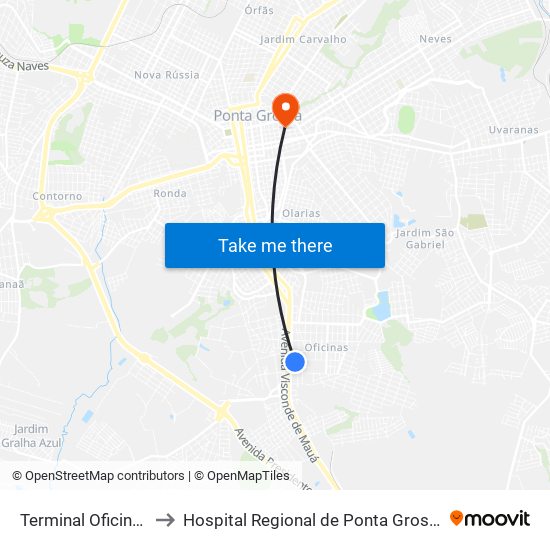 Terminal Oficinas to Hospital Regional de Ponta Grossa map