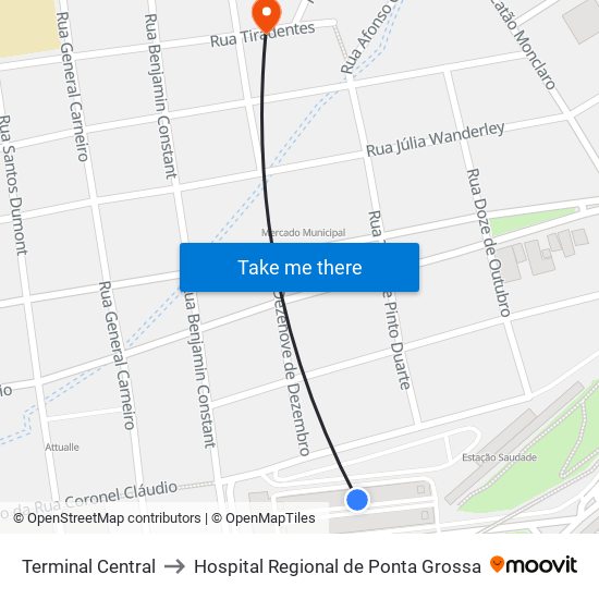 Terminal Central to Hospital Regional de Ponta Grossa map