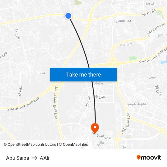 Abu Saiba to A'Ali map