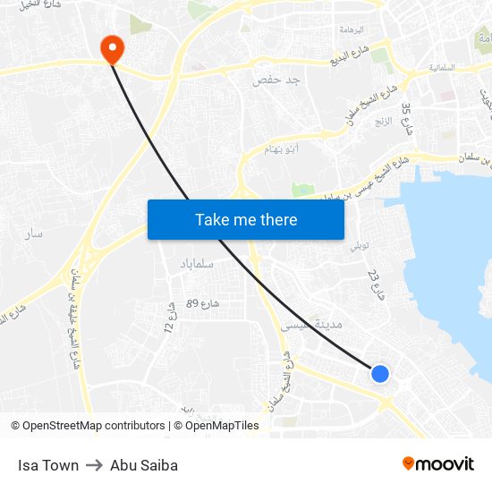 Isa Town to Abu Saiba map