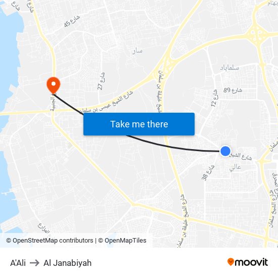 A'Ali to Al Janabiyah map