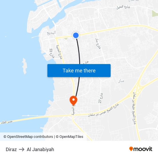 Diraz to Al Janabiyah map