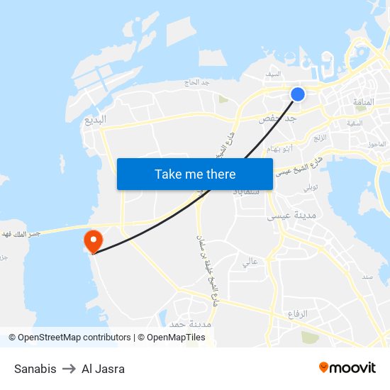 Sanabis to Al Jasra map