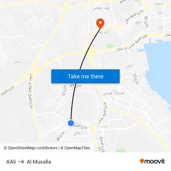 A'Ali to Al Musalla map