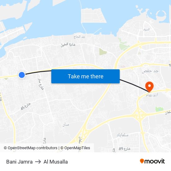 Bani Jamra to Al Musalla map